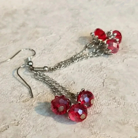 Triple Chained Red Crystal Swingy Earrings - Picture 1 of 3